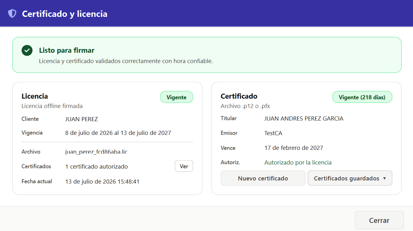 Diálogo Certificado y licencia