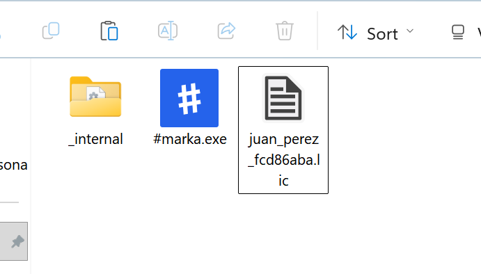 Carpeta del ejecutable con el archivo de licencia